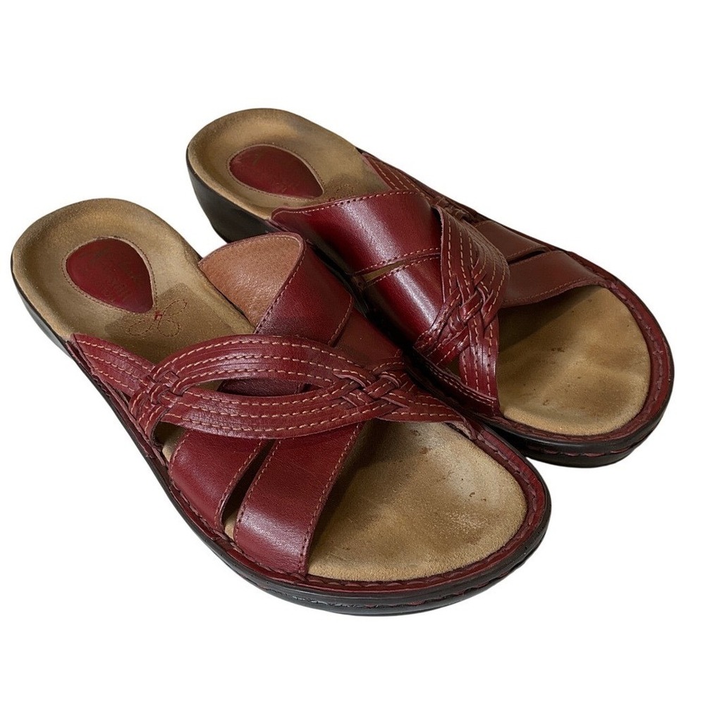 Clarks Artisian Burgundy Red Leather Slip On Sandals Braided Strap Casual 8